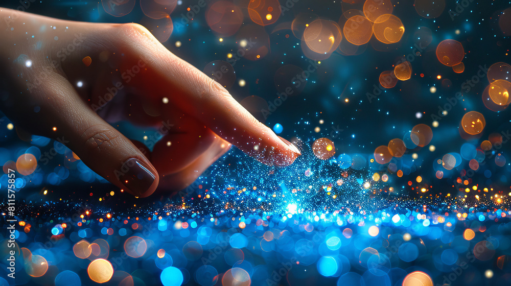 Aufkleber a close-up photo of a hand touching sparkles on a bokeh lights background, conveying a magical conce