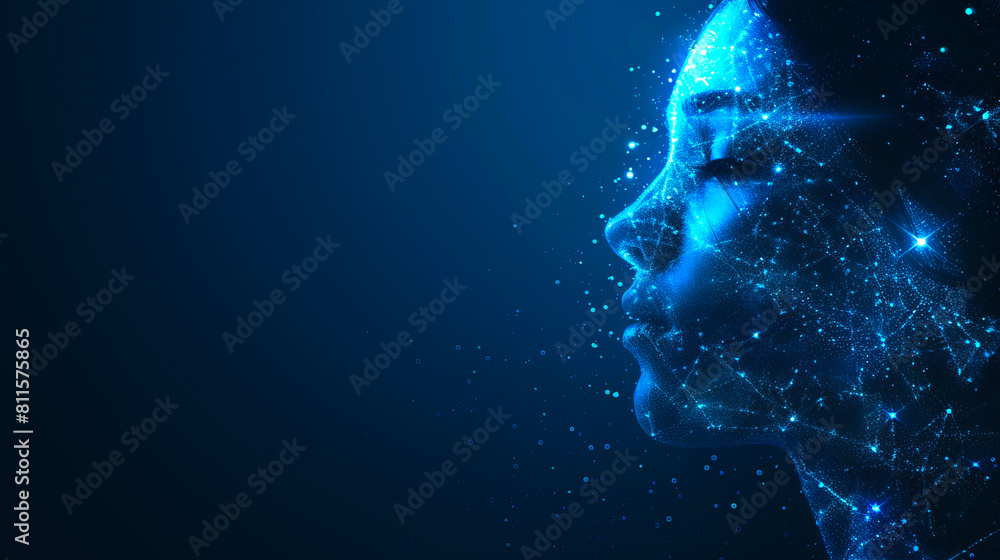 Poster a digital profile of a human face composed of blue particles and stars on a dark background, embodyi