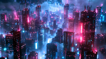 Radiant Futuristic Cityscape at Night with Towering Illuminated Skyscrapers and Sleek Architectural Structures