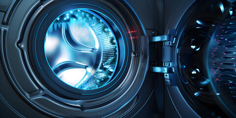 Washing machine drum with water, closeup. Water splash with neon light.