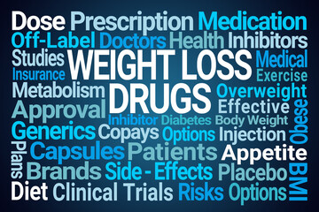 Weight Loss Drugs Word Cloud on Blue Background