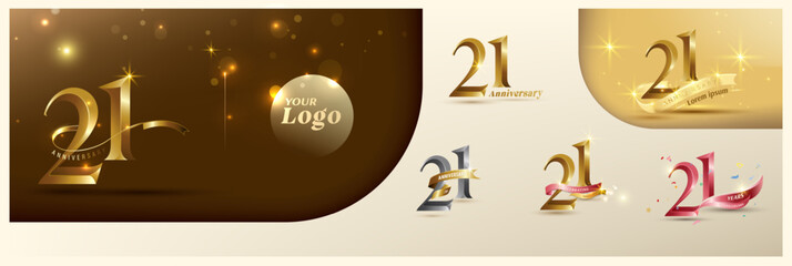 21st anniversary logotype modern gold number with shiny ribbon. alternative logo number Golden anniversary celebration