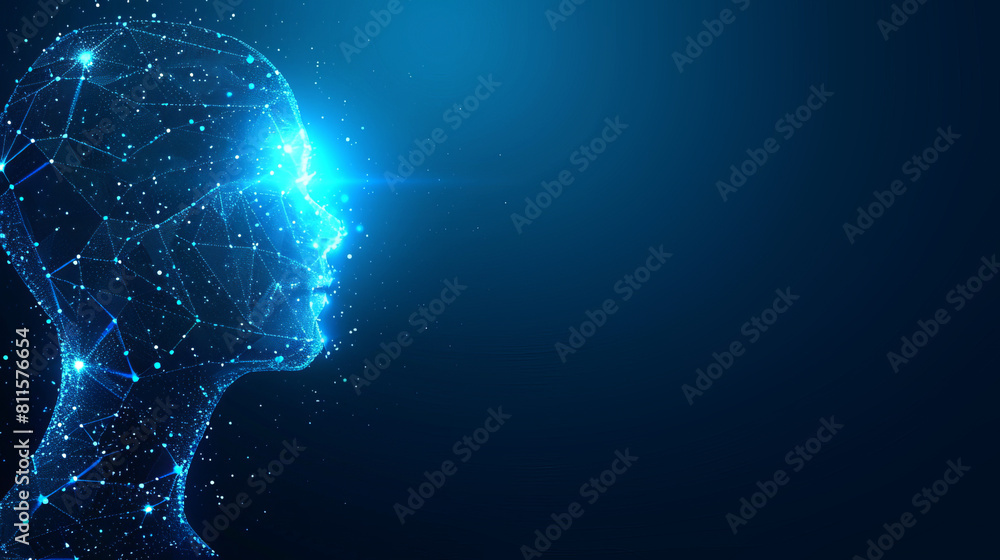 Poster digital profile of a human head composed of lines and dots, illustrated in a glowing polygonal style