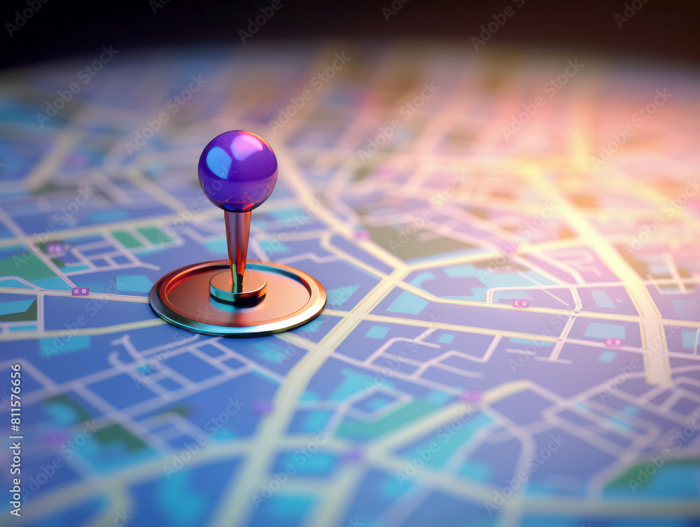 Poster a glossy purple pin on a digital map, illuminated, conceptualizing location tracking or navigation. 