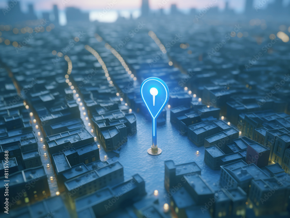 Poster a glowing blue pinpoint icon on a stylized miniature cityscape with a dusk background, symbolizing l