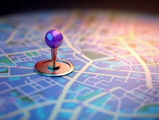 A glossy purple pin on a digital map, illuminated, conceptualizing location tracking or navigation. Generative AI