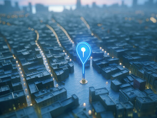 A glowing blue pinpoint icon on a stylized miniature cityscape with a dusk background, symbolizing location or navigation concept. Generative AI