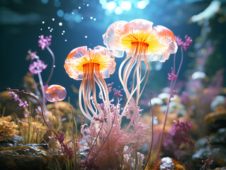 Jellyfish swimming underwater with vivid marine plants, detailed illustration style, deep-sea aesthetic background, concept of marine life. Generative AI - Powered by Adobe