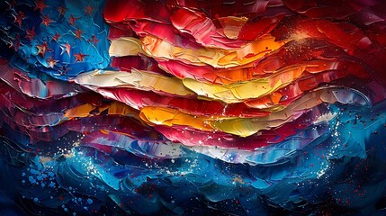 A vibrant oil painting of the US flag, with swirls of color bursting outward, symbolizing freedom and exuberance.