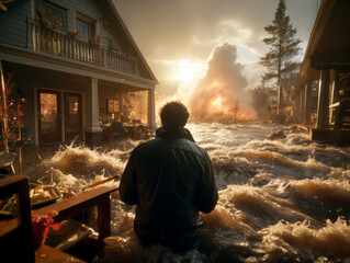 A person observing a dramatic flood scene at sunset, with water engulfing a house's terrace in a residential area. Generative AI