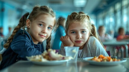 Two cute ten years old girls sitting at the table in school cafeteria. Young students having food during lunch break in dining hall. hyper realistic 