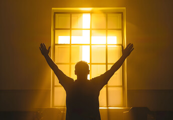 backlit image of a believer hands to heaven worshiping the cross