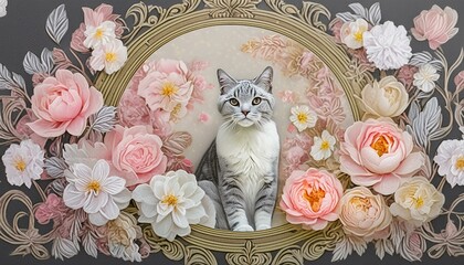 花に囲まれたフレームの中の猫