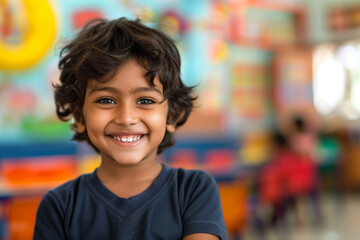 portrait happy school kid in classroom