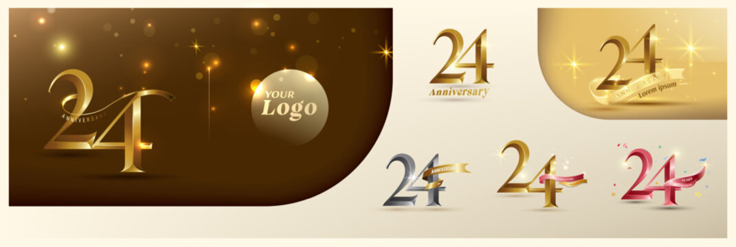 24th anniversary logotype modern gold number with shiny ribbon. alternative logo number Golden anniversary celebration