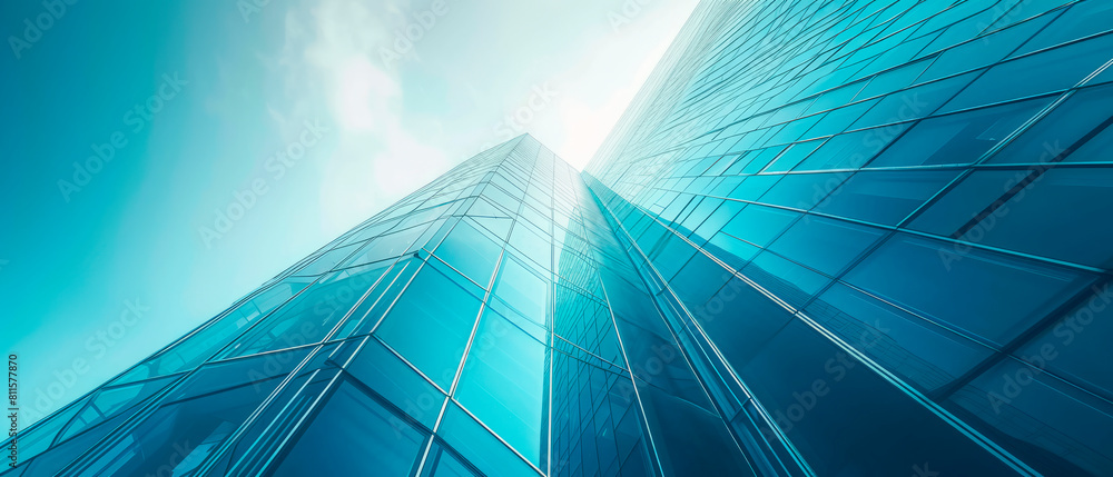 Aufkleber a modern glass skyscraper viewed from below, with a clear sky background and sunlight. generative ai