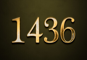 Old gold effect of 1436 number with 3D glossy style Mockup.