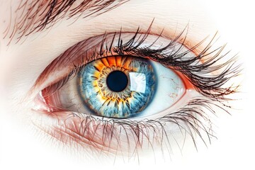 human eye with detailed iris and pupil, gazing directly forward, isolated on a white background