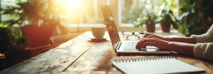 Person typing on a laptop at a wooden desk, bathed in warm sunlight, with plants in background, depicting a cozy workspace. Generative AI