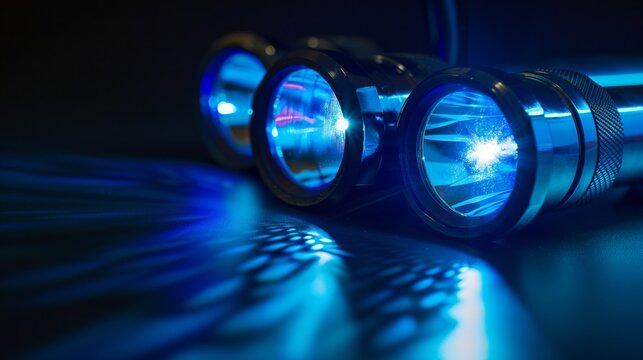 Police flashlights illuminate the dark, casting beams into the night.