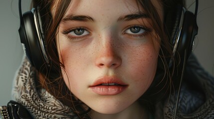 Young girl listening music hyper realistic 