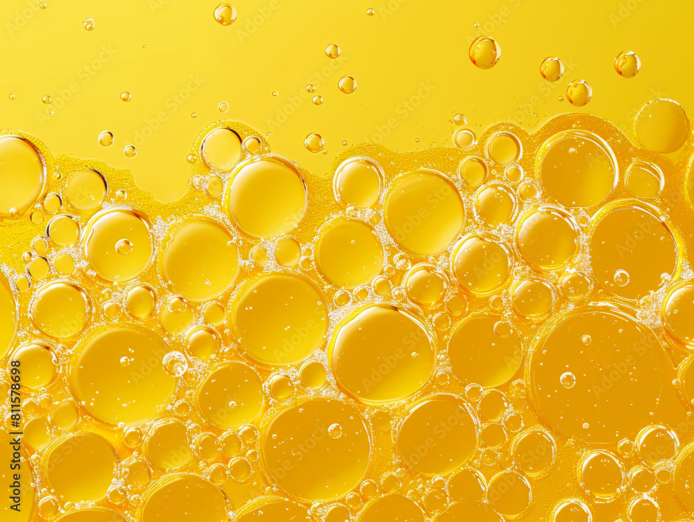 Poster close-up of oil and water mixture with bubbles against a yellow background, illustrating a concept o