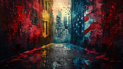 An abstract graffiti art of the US flag, with splattered and blended colors of red, white, and blue across an alleyway.