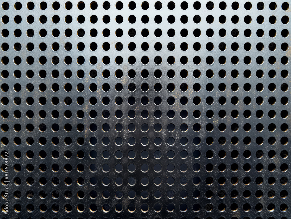 Poster close-up of a perforated metal surface with circular holes, in a dark to light gradient background, 