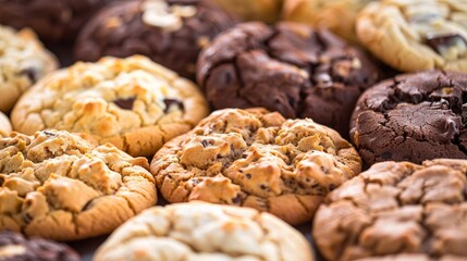Close-up of assorted cookies, including chocolate chip, oatmeal raisin, and white chocolate, filling the frame with delicious detail.

