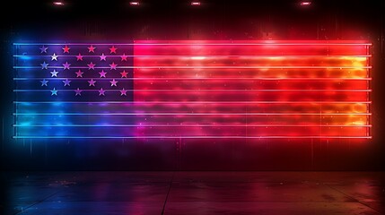 An abstract neon representation of the US flag, with neon tubes artfully arranged to form the stars and stripes, glowing intensely against a stark black background.