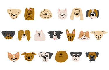 Dog heads collection 2 cute on a white background, vector illustration.