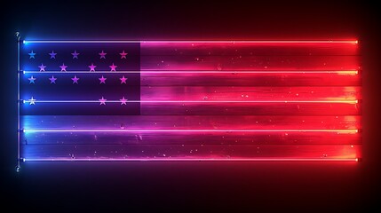Obraz premium An abstract neon representation of the US flag, with neon tubes artfully arranged to form the stars and stripes, glowing intensely against a stark black background.
