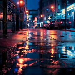 A city street at night, with neon lights reflecting on the wet pavement. Generative AI.