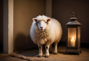 A sheep stands in front of a lantern that says Eid Mubarak