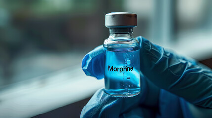 Morphine medical bottle of pain medication of opiate family which acts on CNS and used for acute and chronic pain in myocardial infarction kidney stones and during labor