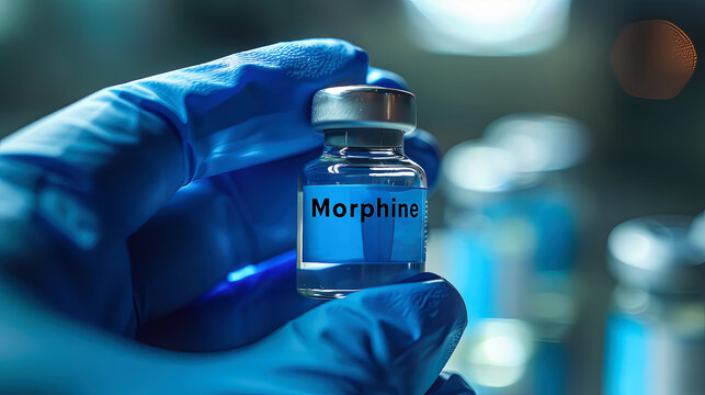 Morphine medical bottle of pain medication of opiate family which acts on CNS and used for acute and chronic pain in myocardial infarction kidney stones and during labor