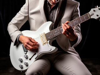 Close-up of a person playing a white electric guitar, realistic style, on a dark background,...