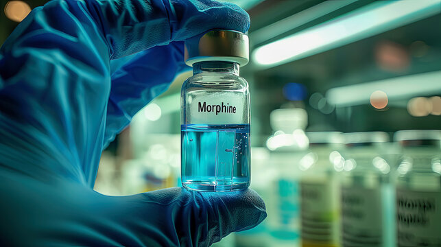 Morphine medical bottle of pain medication of opiate family which acts on CNS and used for acute and chronic pain in myocardial infarction kidney stones and during labor
