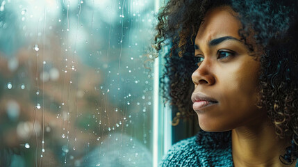 african american woman looking out the window with an expression of concern, thought, and or despair
