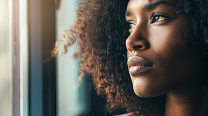 african american woman looking out the window with an expression of concern, thought, and or despair