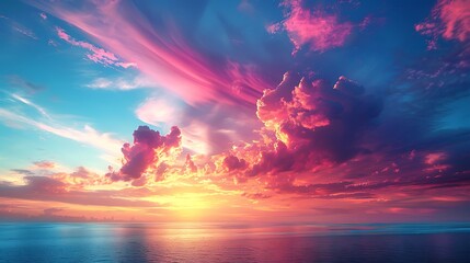 Fototapeta premium An artistic interpretation of the US flag as vapor trails in the sky, with clouds artistically dyed in patriotic colors, blending into a surreal sunset.