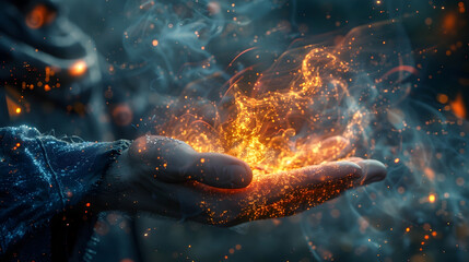 Naklejka premium Sorcerer Wielding Elemental Magical Energy in Cinematic description:This striking image depicts a powerful sorcerer wielding an intense,fiery energy