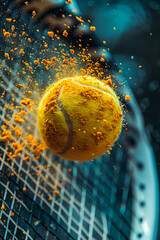Gelber Tennisball vor Tennisschläger, made by AI