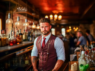A male bartender in a vest standing behind a bar with bottles and glasses, warm interior lighting, pub atmosphere concept. Generative AI