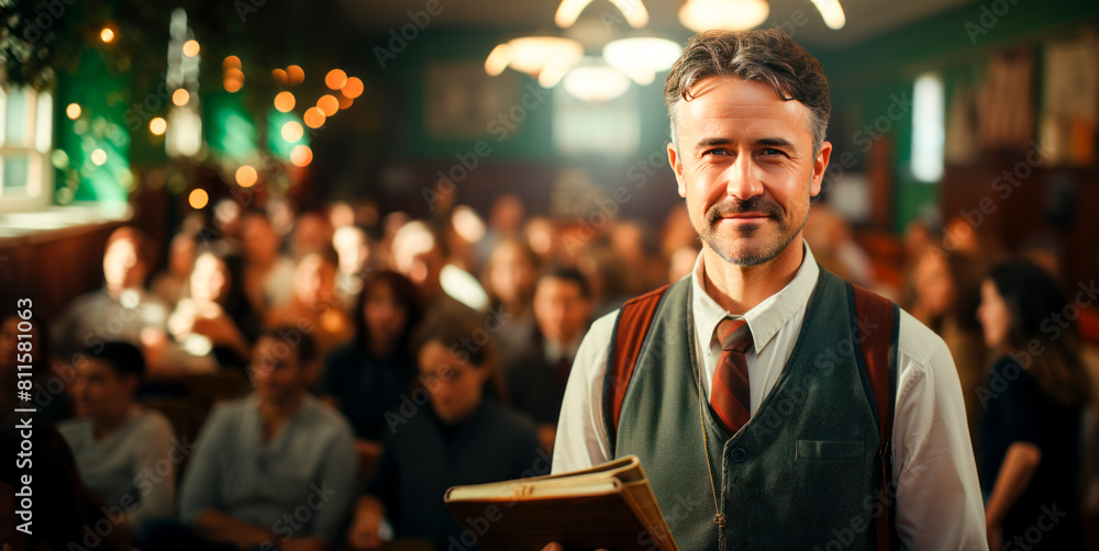 Poster A man standing with a book in front of an audience in a warm-lit room, representing a concept of public speaking or education. Generative AI