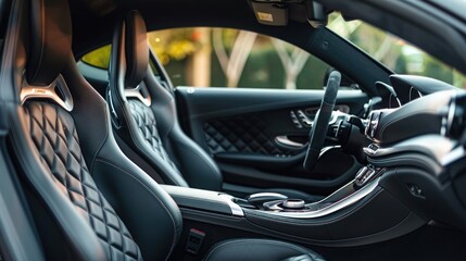 Specialist Professional Car Cleaning and Detailing Company Vacuum Cleaning an Ecological Perforated Black Faux Leather Interior in a Modern Sportscar, Worker Cleaning Every Little Seam on the Car Seat