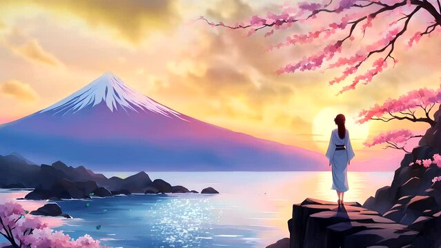 A woman enjoying sunset on the lake with mountain