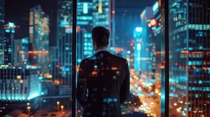 Successful Businessman Looking Out of the Window on Late Evening, Modern Hedge Fund Investor Enjoying Successful Life, Urban View with Down Town Street with Skyscrapers at Night with Neon Lights