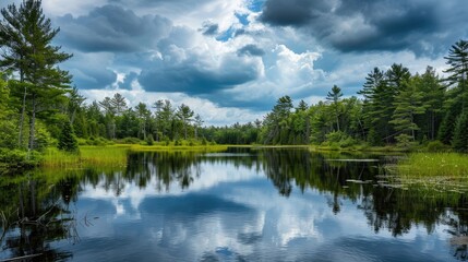 Fototapeta premium Reflection of overcast sky on a serene lake