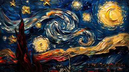 An oil painting of the US flag with swirls that mimic the night sky, stars blending into stripes, merging reality with dreams.